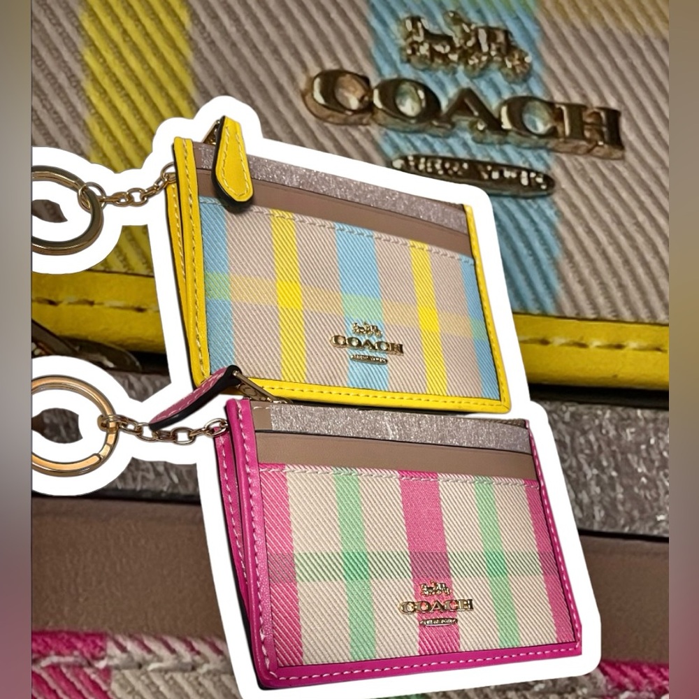 Coach NWT Leather &Canvas CHOOSE PINK orYELLOW Slim Plaid Card Holder/keychain